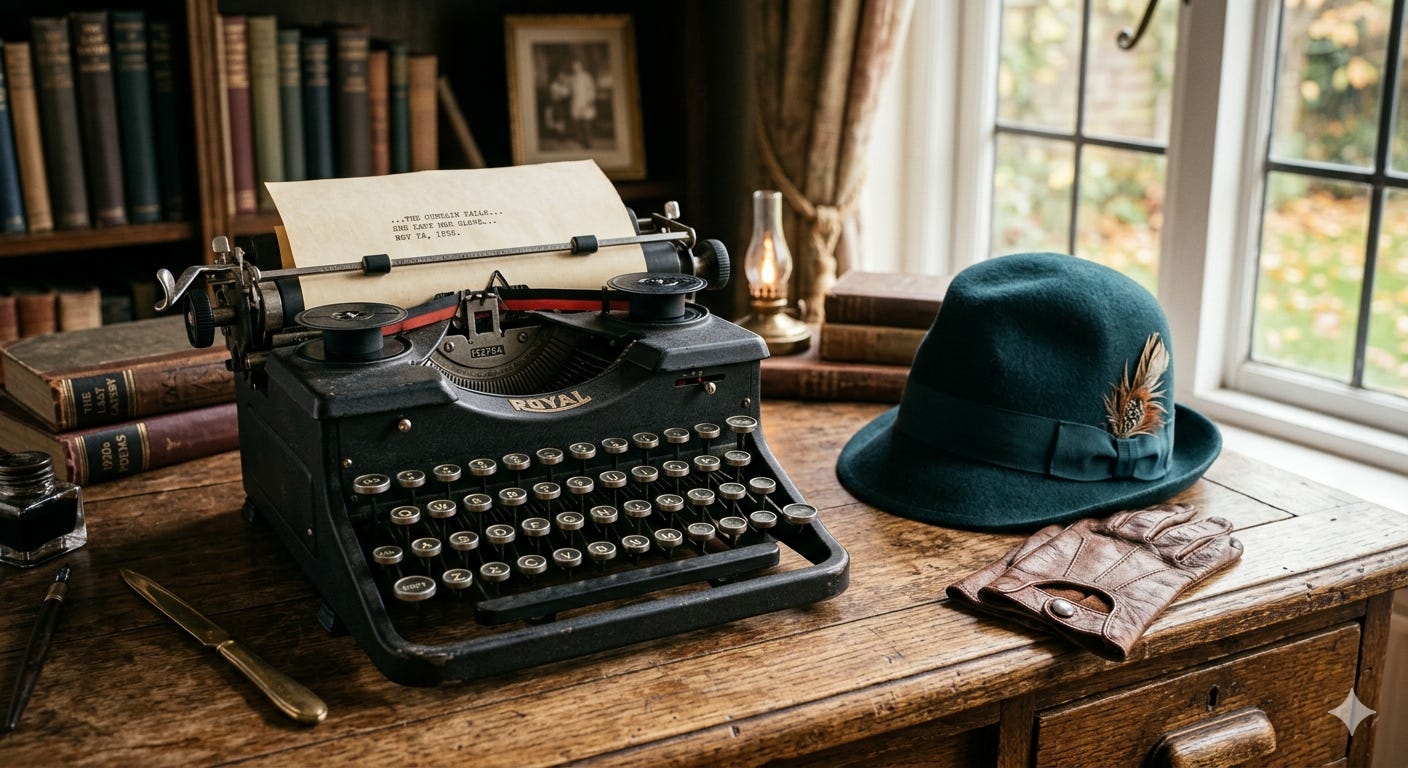 A hat and typewriter sitting alone on an oak writing table. 