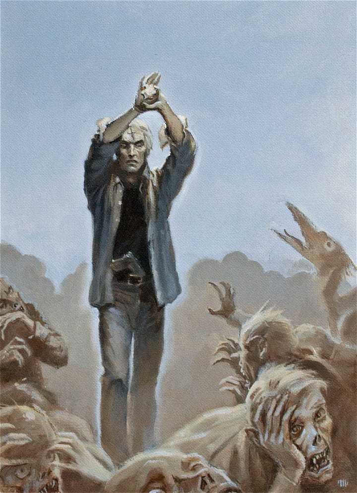 LEFT: Preliminary concept for THE WHITE COMMANDS you featuring Father Callahan wading through a mass of vampires and low men who turn from his attention. RIGHT: Portrait of a vampire and low man in profile. The vampire spreads its jaw wide baring a mouthful of irregular jutting teeth. The low man by contrast has a severe underbite with big nose and the features of a mole or rat.