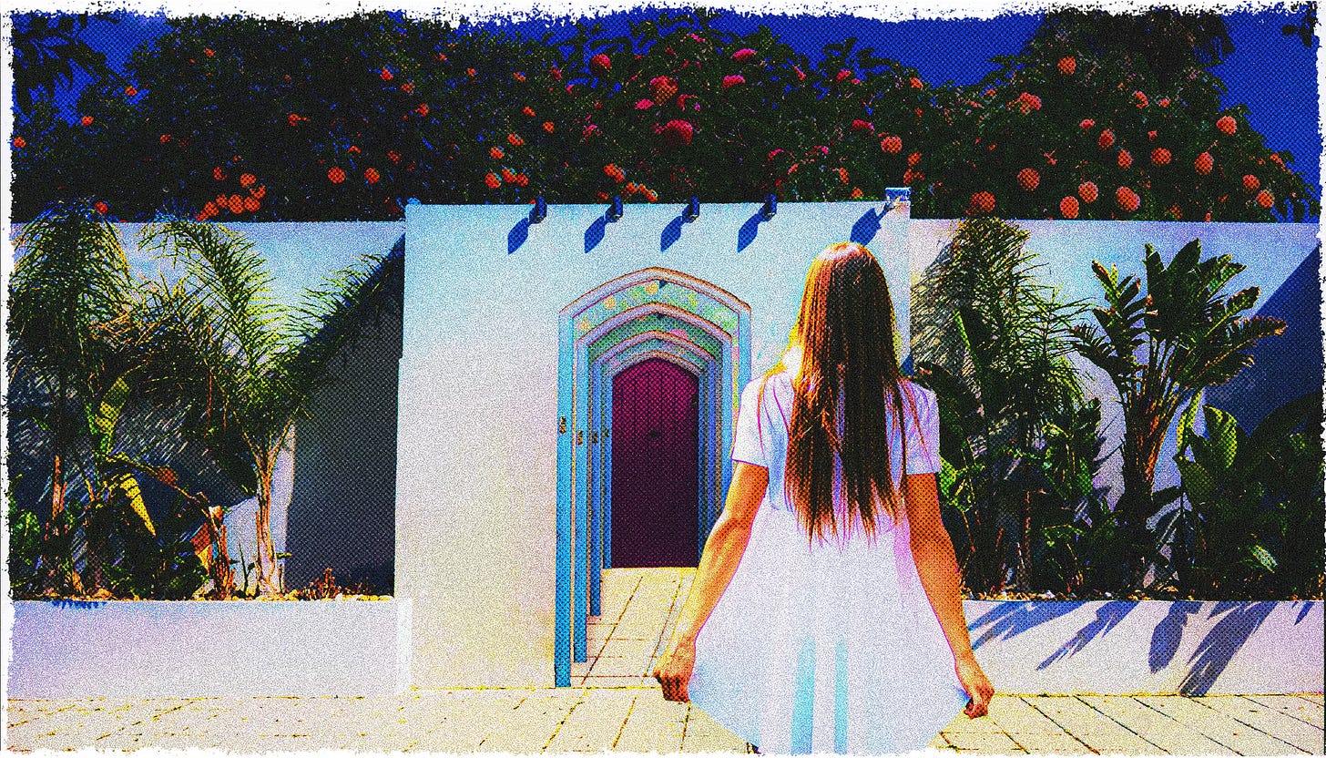 A young woman admires a garden but faces door within doors