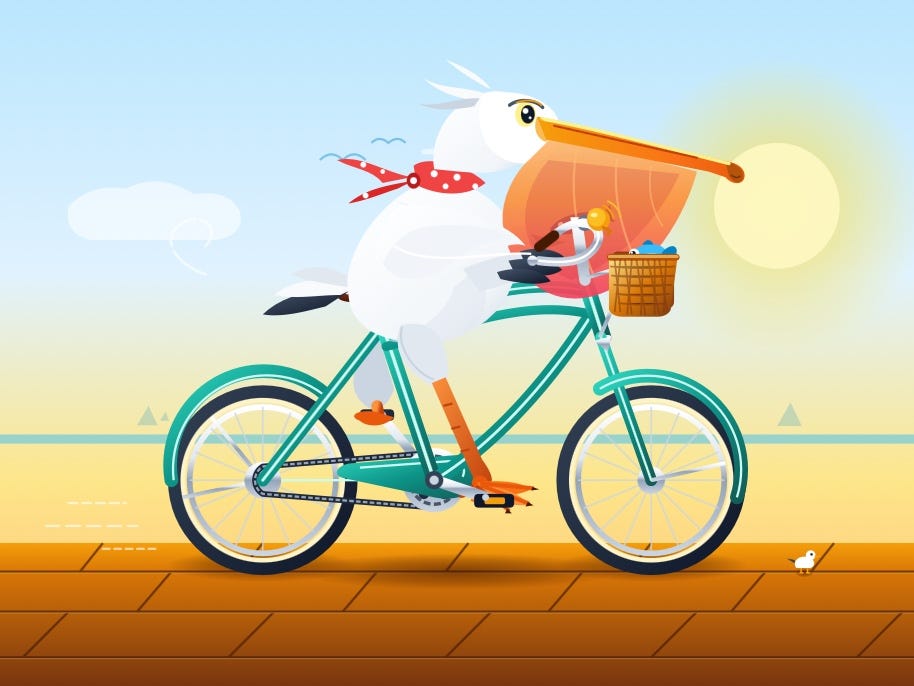 Description by Gemini 3.8 Flash: Digital illustration of a cartoon pelican wearing a red and white polka-dot scarf riding a teal cruiser bicycle along a wooden boardwalk by the beach, with a small blue fish in the front basket and a glowing sun over the ocean.