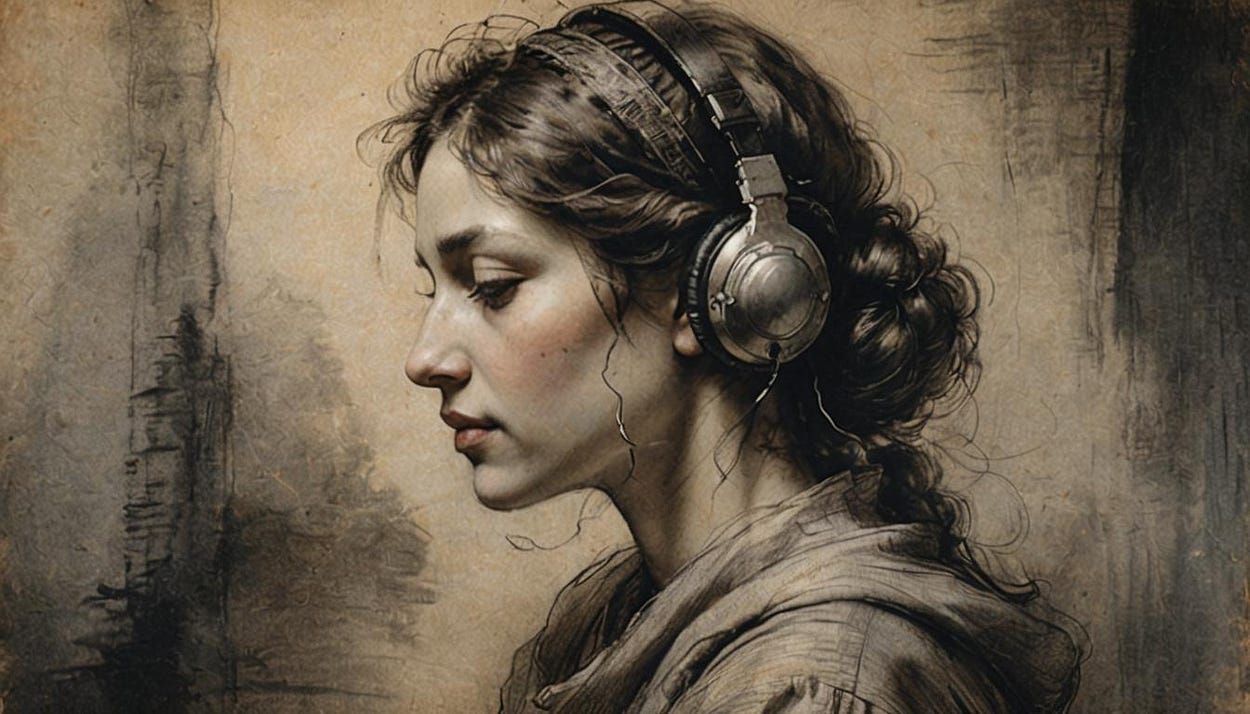 Image shows a drawing of a woman with headphones, her face seen from the side. Image shows a drawing of a woman with headphones, her face seen from the side.
