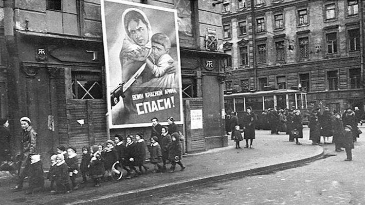 Placards on the streets of Leningrad. It reads: "Warrior of the Red Army. Save us!"