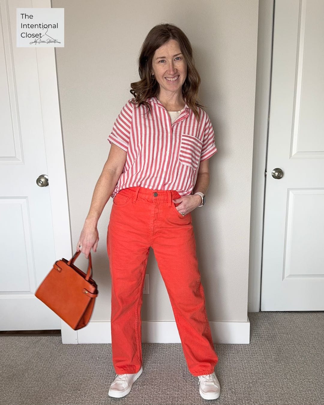 colorful outfit, orange pants, red stripe shirt outfit