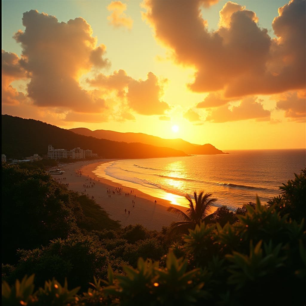 Vibrant Jamaican sunset, 1988, warm golden light casting long shadows on lush green hills, a bustling beach town in the distance, people from diverse cultures strolling along the shoreline