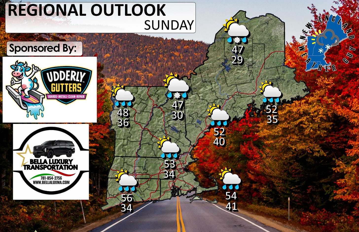 May be an image of map, road and text that says 'REGIONAL OUTLOOK SUNDAY Sponsored By: 47 29 UDDERLY GUTTERS GUARSS INSTALL- CLEAN REPAIR 48 36 47 30 52 35 BELLALUXURY LUXURY BELLA TRANSPORTATION ΤΑΠΟΝ SP 40 52 4-2756 WWW.BELLALUXMA.COM 53 34 56 34 54 41 平 ኢኤክ'