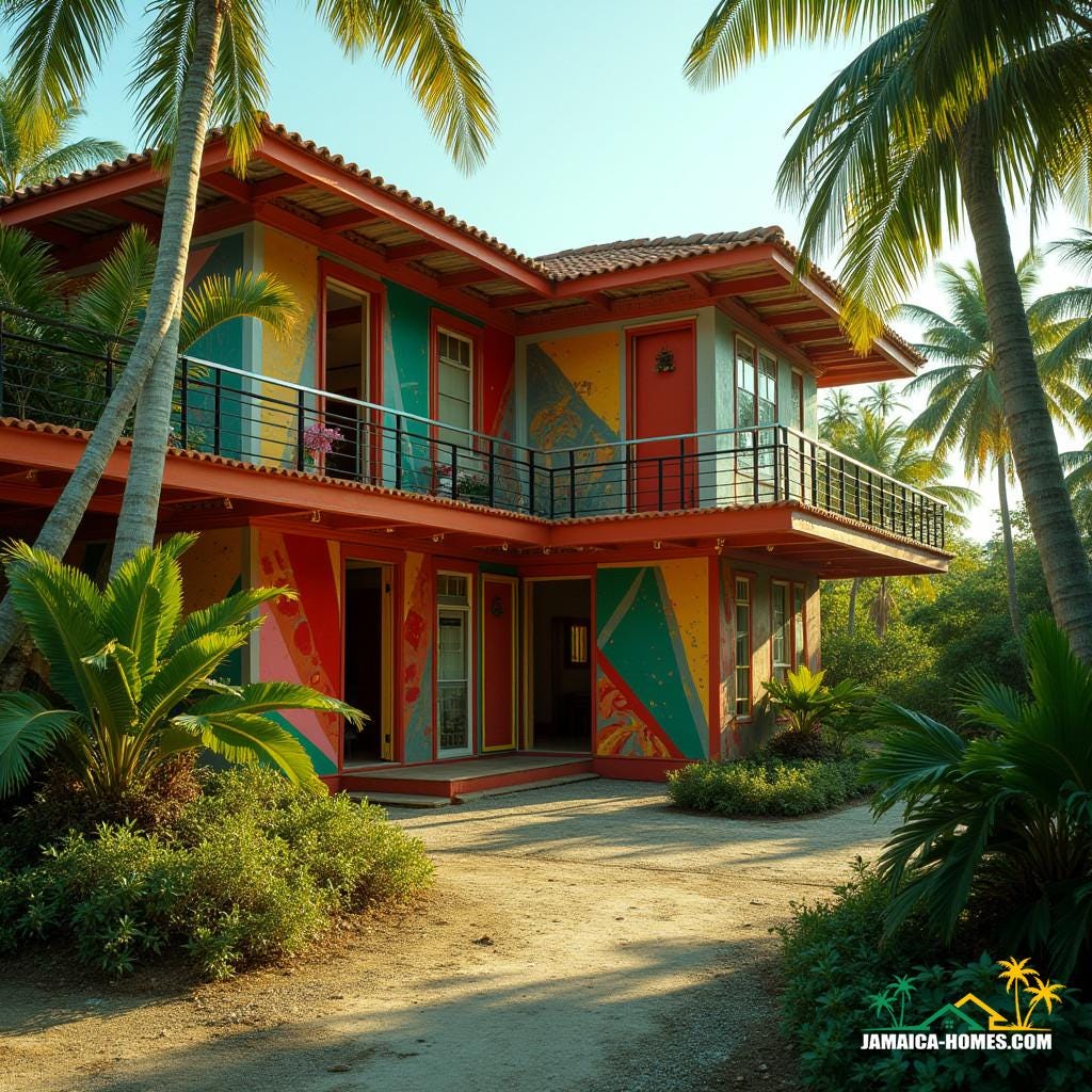 A vibrant, artistic Jamaican house with bold geometric patterns, vibrant murals, and multipurpose creative spaces like a music studio or gallery, set amidst lush tropical surroundings, shot in a cinematic film still style reminiscent of iconic movies, with a warm color palette featuring red, green, and gold hues, incorporating modern materials like steel and glass alongside rustic elements like reclaimed wood and natural stone, bathed in dramatic