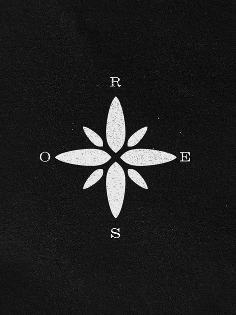 Four loaves of artisan bread packaged in white paper sleeves, each printed with the word "ROSE" and a flower-inspired logo, displayed on a black background. A person in casual clothing holding a stylish, cream-colored tote bag featuring an organic, abstract black pattern reminiscent of marbling, in a warm, rustic bakery setting. A minimalist white logo resembling a stylized flower or compass with the letters R, O, S, E arranged around its points, presented on a textured black background.