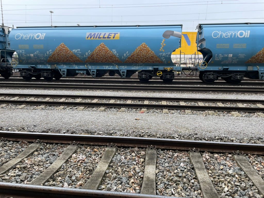 Train cars on tracks