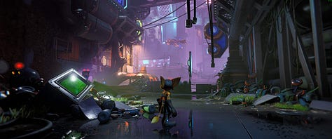 Multiple ultrawide screenshots from Ratchet & Clank: Rift Apart.