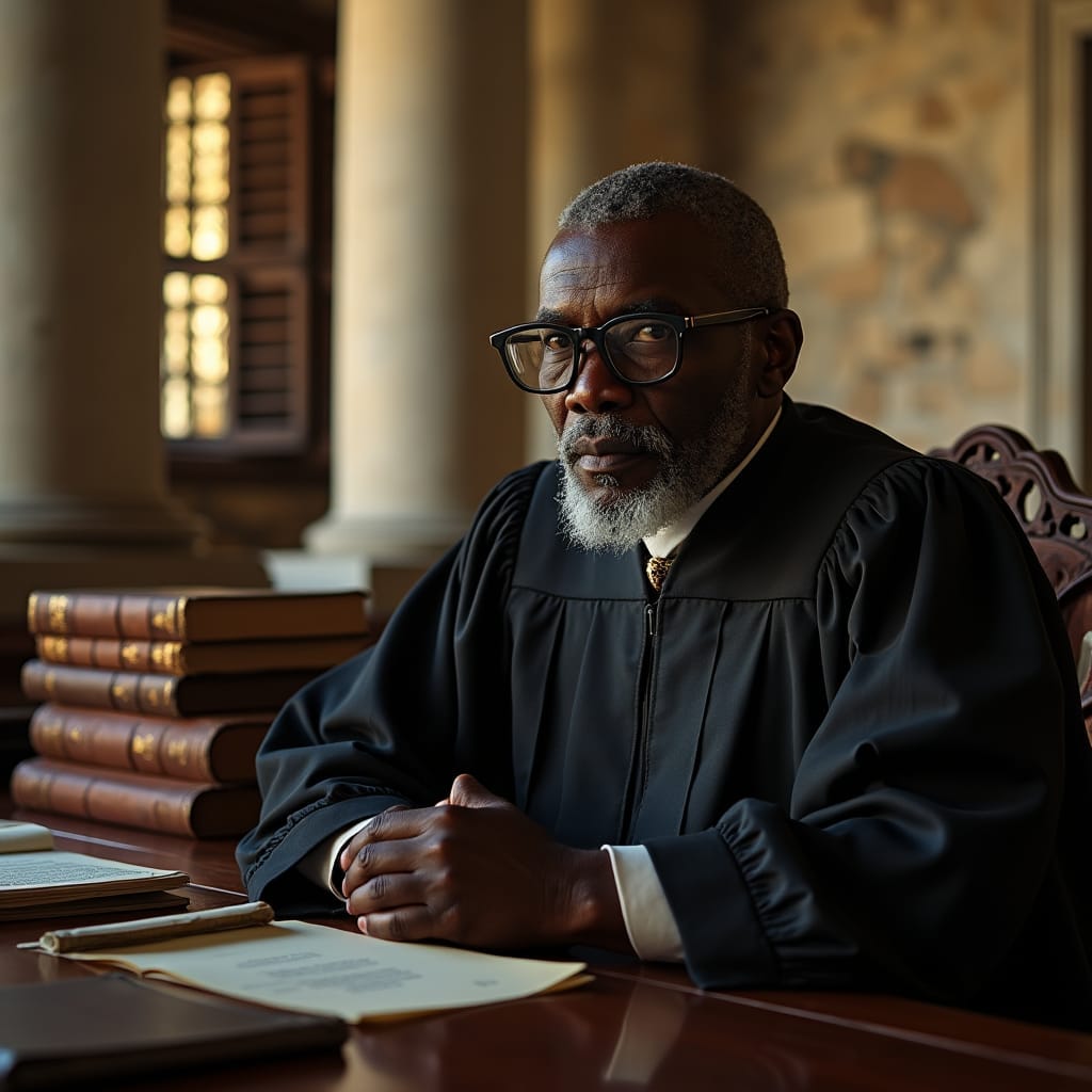 Weathered stone columns of a 19th-century Jamaican courthouse loom in the background as a bespectacled judge, dressed in a traditional black robe with a hint of Caribbean flair, sits in contemplative repose, surrounded by stacks of worn leather-bound law books and scattered papers. Soft, warm ambient light, reminiscent of a tropical afternoon, spills in through the ornate wooden shutters, casting a golden glow on the judge's wise and worn face.