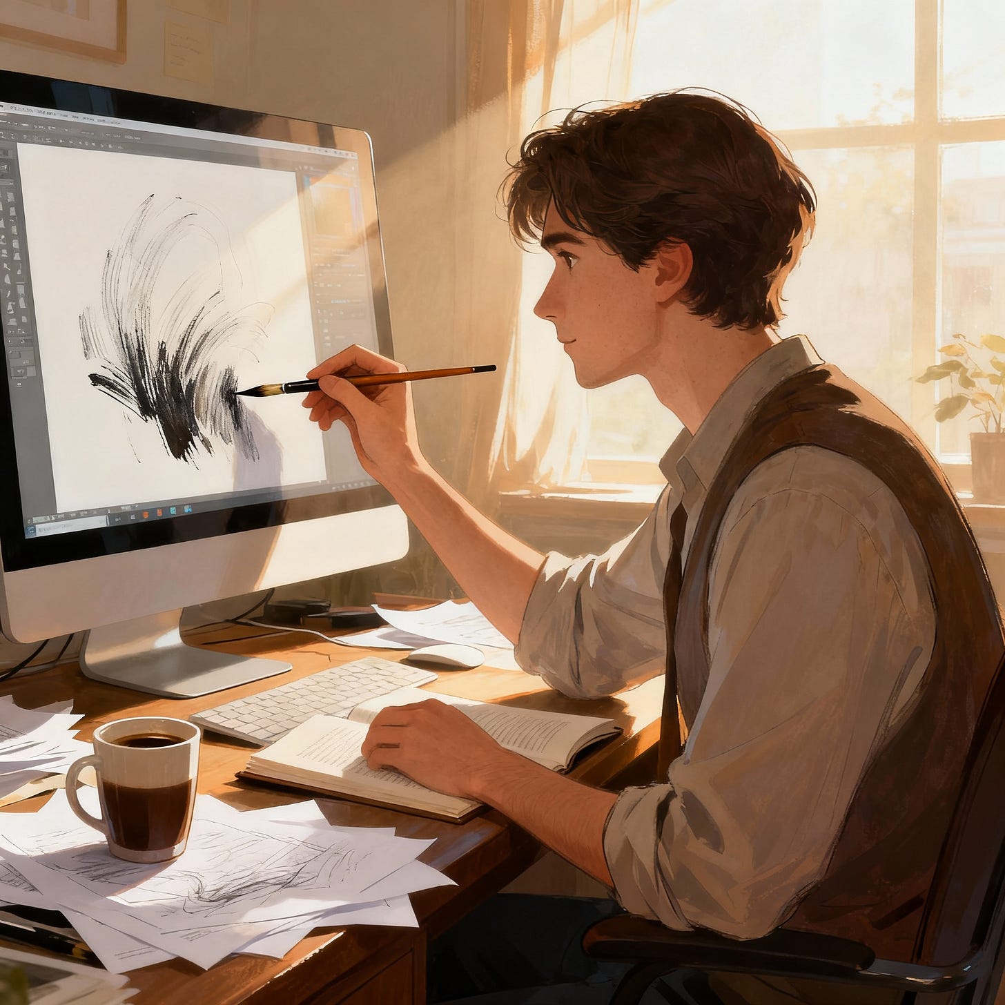 A writer painting on a computer screen with a brush.