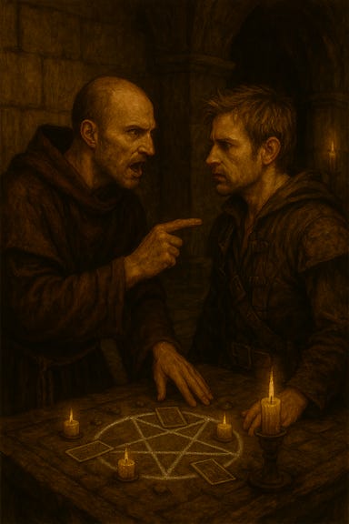 A dark fantasy image of the Abbot, visually similar to Michael Fassbender, speaking angrily to Greegan, who resembles Matt Ryan and wears rogue's leathers. The Abbot stands tall and imposing, dressed in pristine white robes with golden trim, his expression stern and furious. His eyes burn with divine intensity as he gestures sharply toward Greegan. Greegan stands opposite him, tense but defiant, clad in dark, weathered rogue’s leathers with a hood pushed back. His posture is guarded, one hand near his belt, the other clenched. They face each other in the candlelit hall of the Abbey of St. Markovia, surrounded by cracked stone, faded murals, and flickering sconces. The atmosphere is charged, dramatic, and tense. A dark fantasy image of the Abbot, visually similar to Michael Fassbender, speaking angrily to Greegan, who resembles Matt Ryan and wears rogue's leathers. The Abbot stands tall and imposing, dressed in pristine white robes with golden trim, his expression stern and furious. His eyes burn with divine intensity as he gestures sharply toward Greegan. Greegan stands opposite him, tense but defiant, clad in dark, weathered rogue’s leathers with a hood pushed back. His posture is guarded, one hand near his belt, the other clenched. They face each other in the candlelit hall of the Abbey of St. Markovia, surrounded by cracked stone, faded murals, and flickering sconces. The atmosphere is charged, dramatic, and tense.