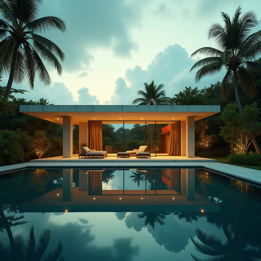 A modern Jamaican property with a sleek concrete slab roof, set against a vibrant tropical backdrop