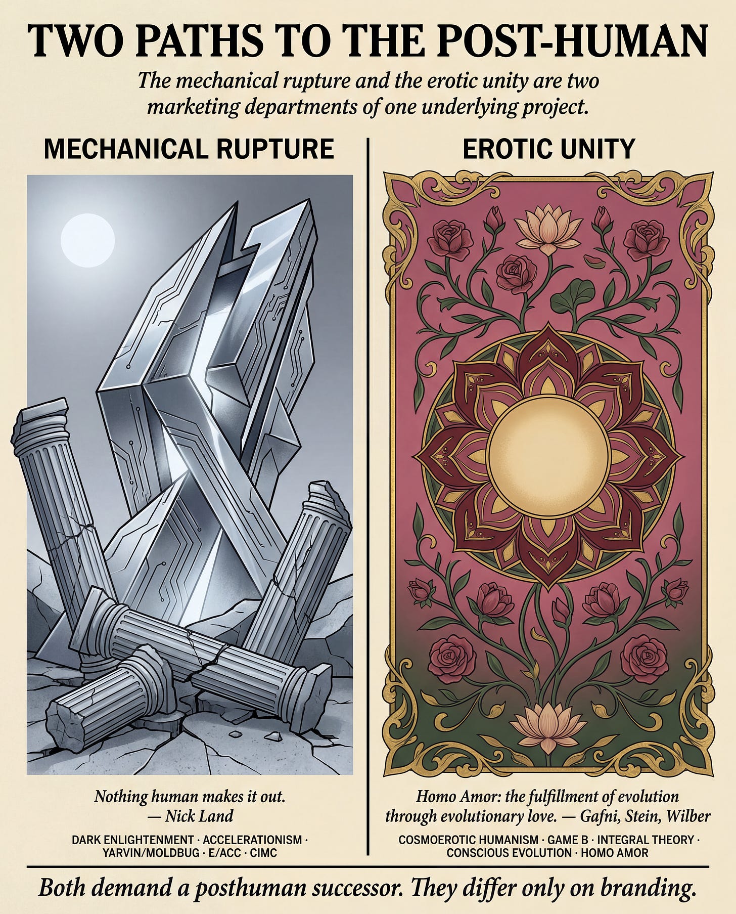 A vertical editorial diptych titled "Two Paths to the Post-Human." The left panel, labeled "Mechanical Rupture," shows a cold industrial composition in steel-gray and chrome: broken classical columns in the foreground, an angular machine-form rising behind them with circuit-board traces etched on its surfaces, cold white light emitting from within. A pull-quote reads: "Nothing human makes it out. — Nick Land." The right panel, labeled "Erotic Unity," shows a warm sacred-illumination composition in rose, oxblood, gold leaf, and forest green: a stylized mandala with blooming botanical tendrils, a soft golden aureole at its center, and medieval-illumination gold-leaf borders. A pull-quote reads: "Homo Amor: the fulfillment of evolution through evolutionary love. — Gafni, Stein, Wilber." A closing line spans both halves: "Both demand a posthuman successor. They differ only on branding."