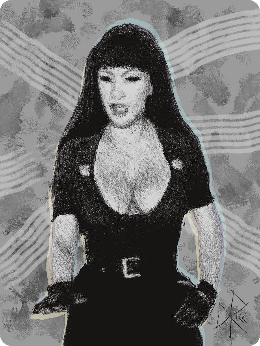 Photo: Russ Meyer. 1965. -public domain. Sketch art by Don Rice. Photo: Russ Meyer. 1965. -public domain. Sketch art by Don Rice.