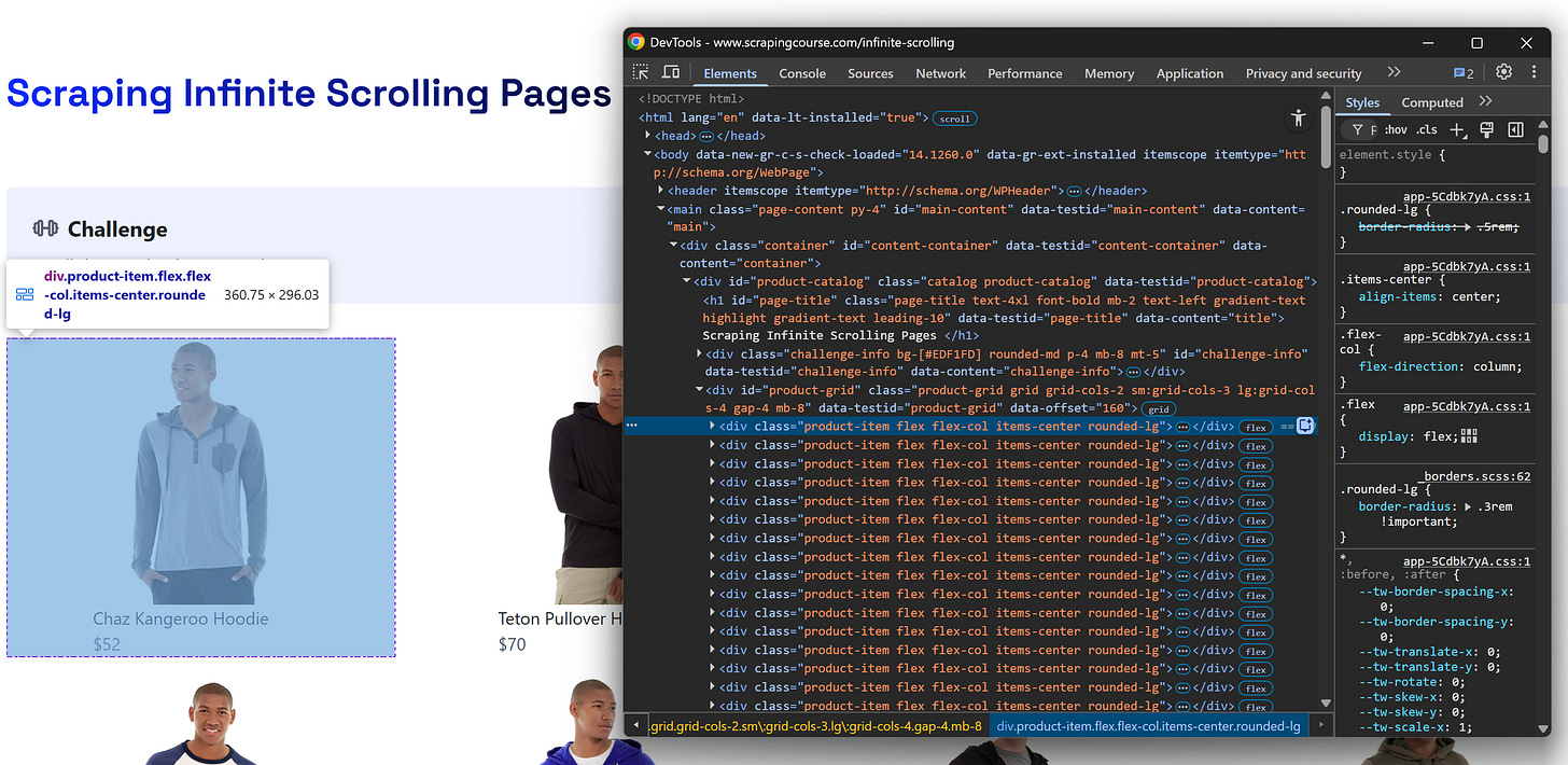 Note that all product elements have the “product-item” class Note that all product elements have the “product-item” class
