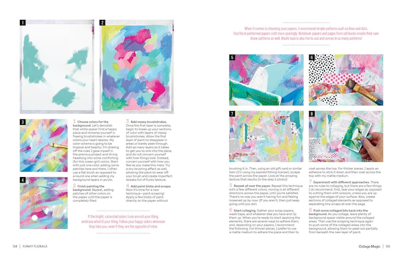 May include: A step-by-step guide to creating a colorful abstract collage using paper, paint, and mixed media. The instructions include choosing colors, adding layers of paint, and layering paper scraps to create a unique and textured artwork.