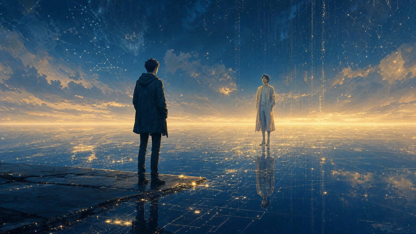 A figure stands at the edge of a vast digital mirror, facing an idealized reflection of themselves