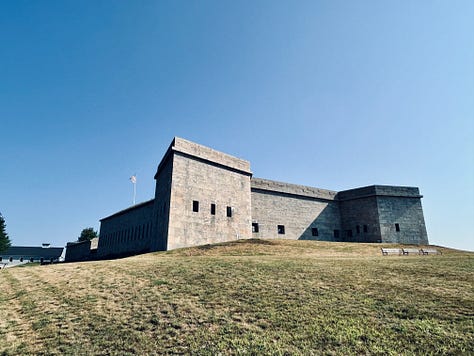 rocks, water, sky, grass, fort, building