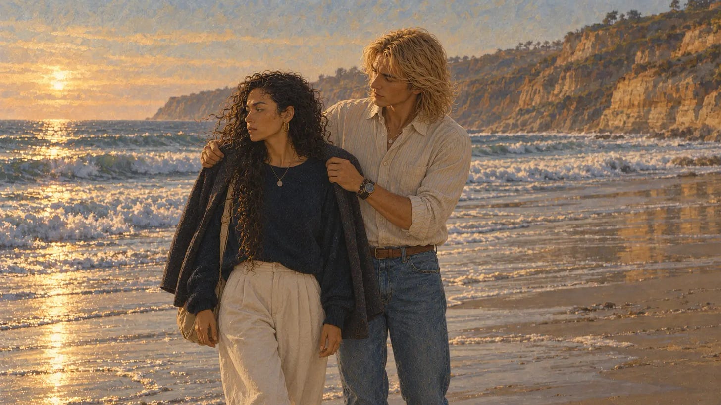 At sunset on Torrey Pines Beach, Matteo drapes his coat over Lucia’s shoulders as she looks toward the ocean. At sunset on Torrey Pines Beach, Matteo drapes his coat over Lucia’s shoulders as she looks toward the ocean.