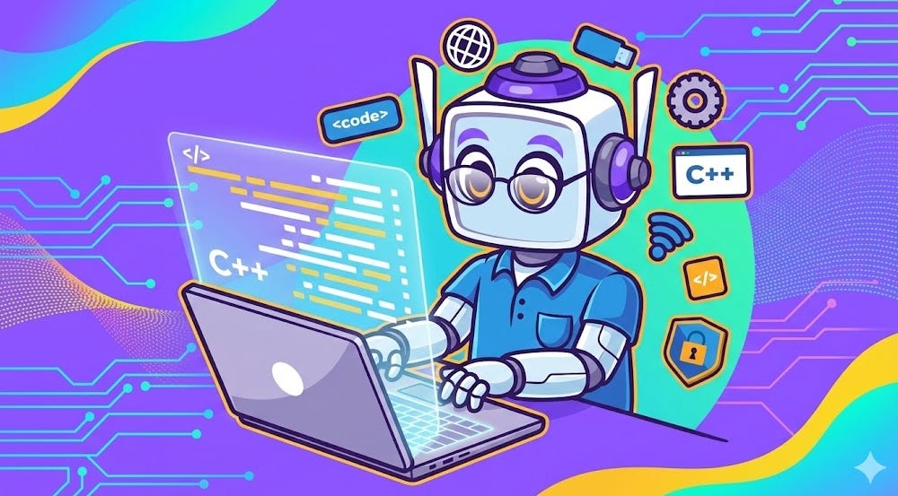 Illustration of the Neuralbuddy robot character wearing glasses and headphones, typing on a glowing holographic laptop screen against a purple background with floating tech icons.