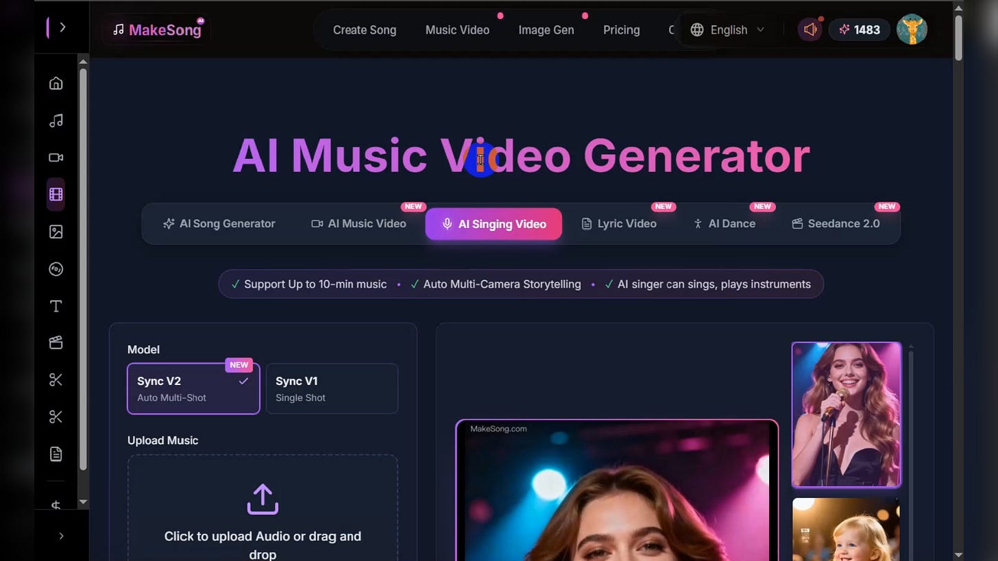 MakeSong, главная страница раздела AI Music Video Generator. Заголовок, описание функций, вкладки типов видео, пример с женщиной в наушниках. MakeSong, главная страница раздела AI Music Video Generator. Заголовок, описание функций, вкладки типов видео, пример с женщиной в наушниках.