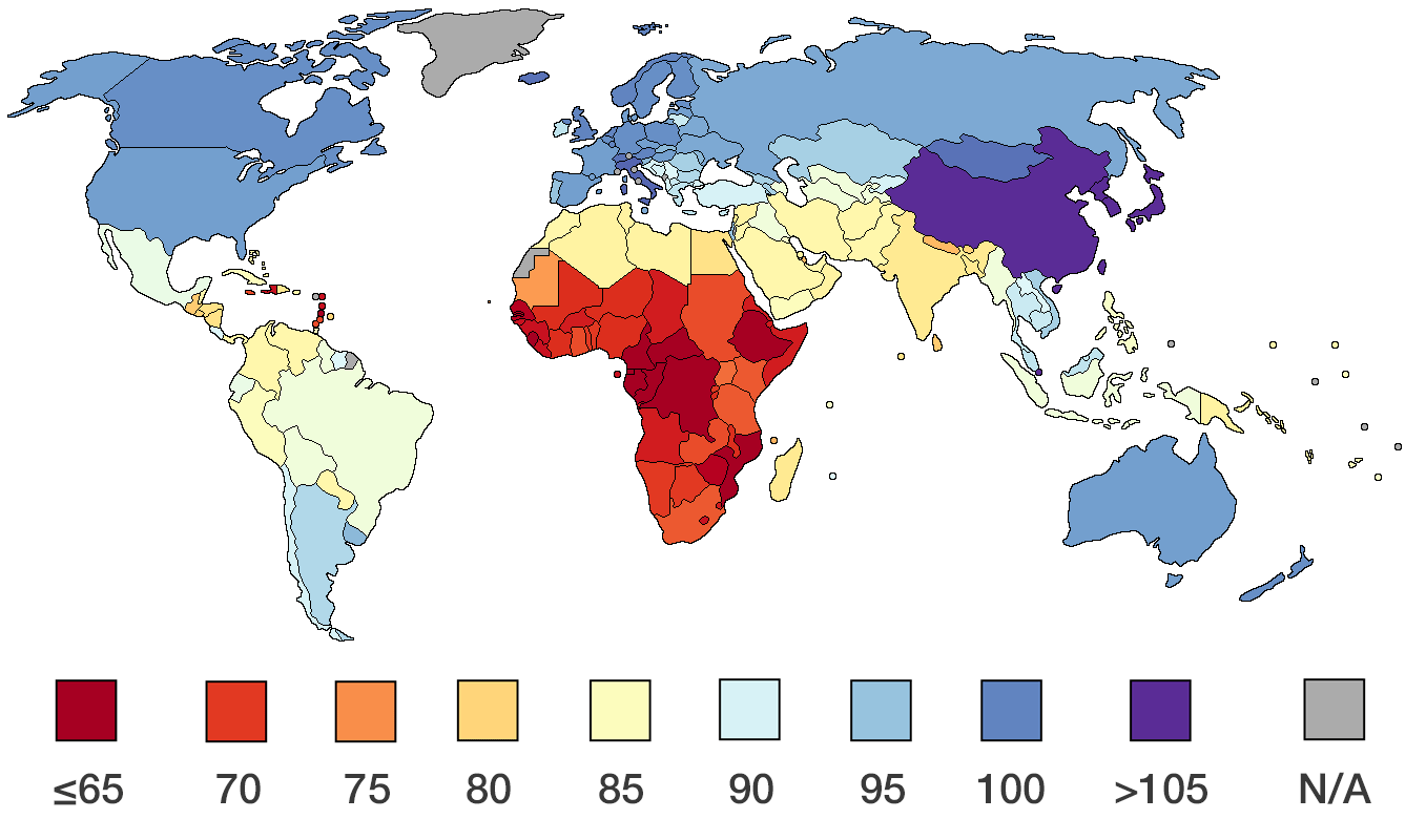Average national IQs according to IQ and Global Inequality (2002 ...