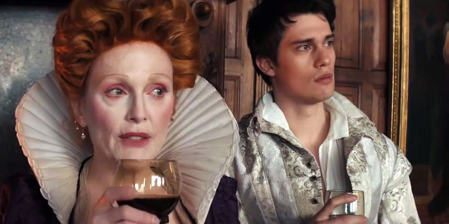 Julianne Moore as Mary Villiers and Nicholas Galitzine as George Villiers sipping drinks in Mary and George show
