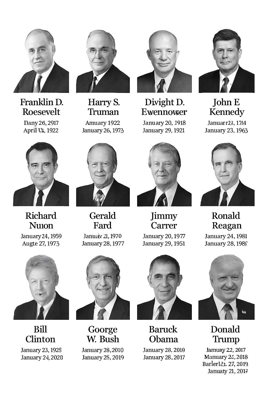 A GPT-5 generated diagram of US presidents since Franklin D. “Roesevelt” to “Goorge W Bush”, “Baruck Obama” and Donald Trump. No George HW Bush (though Ronald Reagan looks a fair bit like him), LBJ, or Joe Biden. 