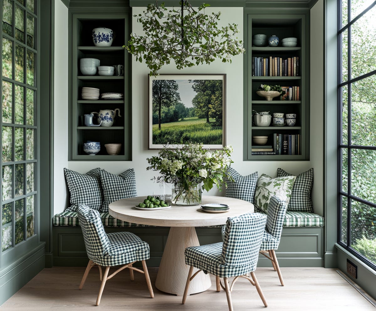 English style country breakfast nook with green shelving, and green and white gingham bench seat, cushions, and upholstered chairs, plush design interiors adelaide