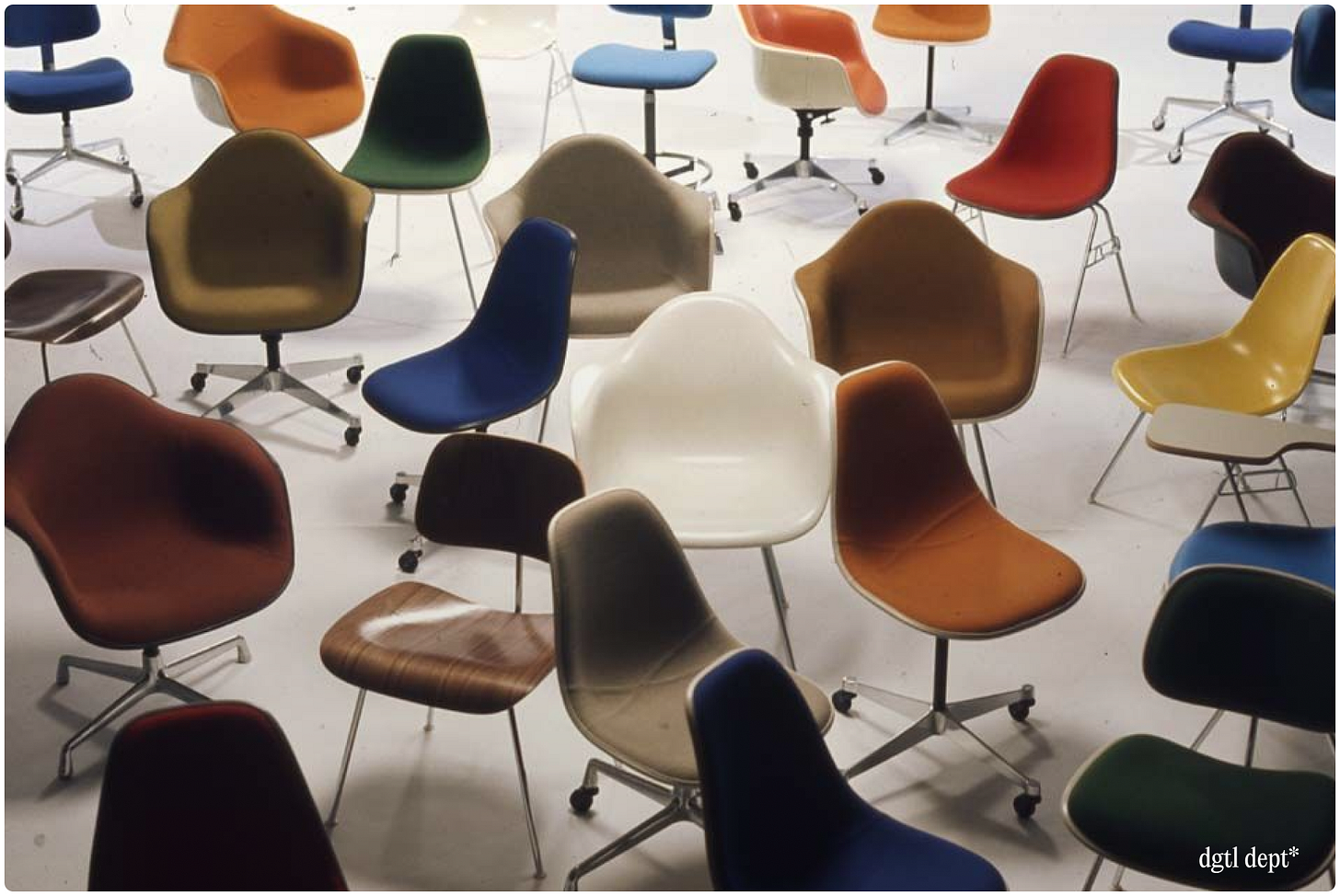 A dense field of Eames chairs in mixed colorways and configurations — side chairs, padded shells, lounge variants on casters and wood bases — arranged on a white seamless background. A visual metaphor for marketing’s repositioning.