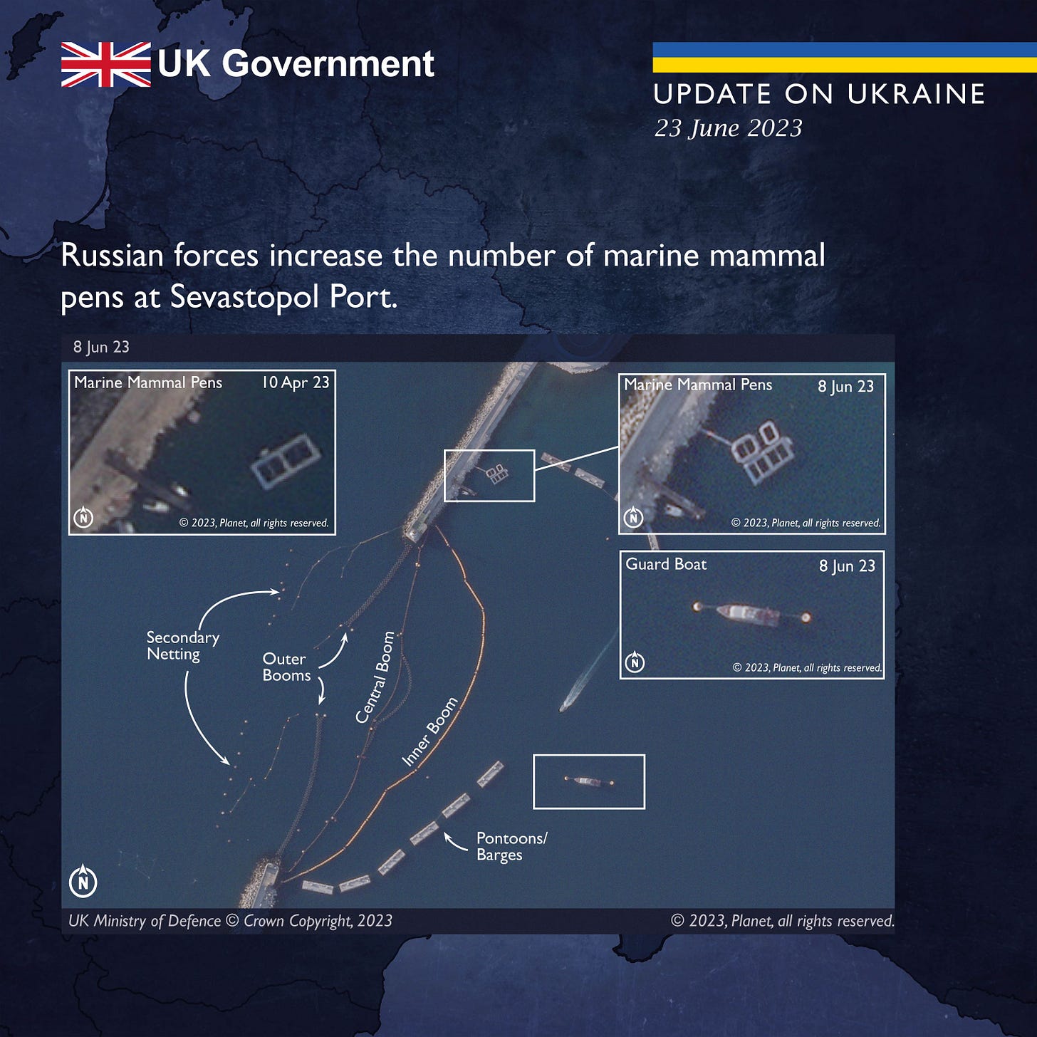 Map showing an increased number of marine mammal pens at Sevastopol Port.