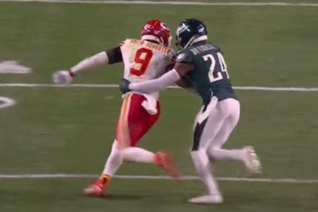 The Eagles' James Bradberry (24) was flagged on a holding penalty late in the second half of Super Bowl 2023. The Eagles' James Bradberry (24) was flagged on a holding penalty late in the second half of Super Bowl 2023.