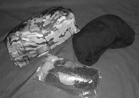 A camouflage hat and a bag of clothes

Description automatically generated