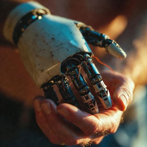 humanity touching the machine that tried to replace it”