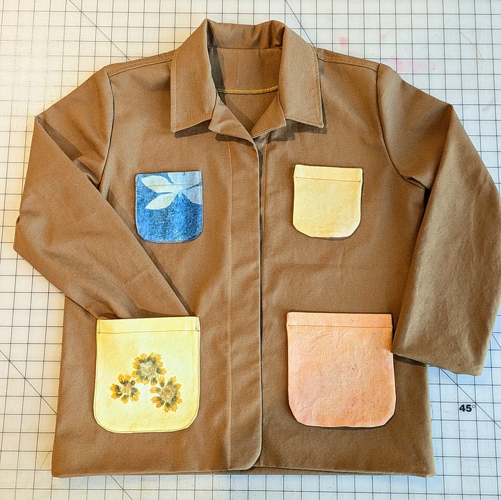 Cozy fall vibes: L-Chore coat sample with naturally dyed pockets, cool weather fabrics from our reuse center