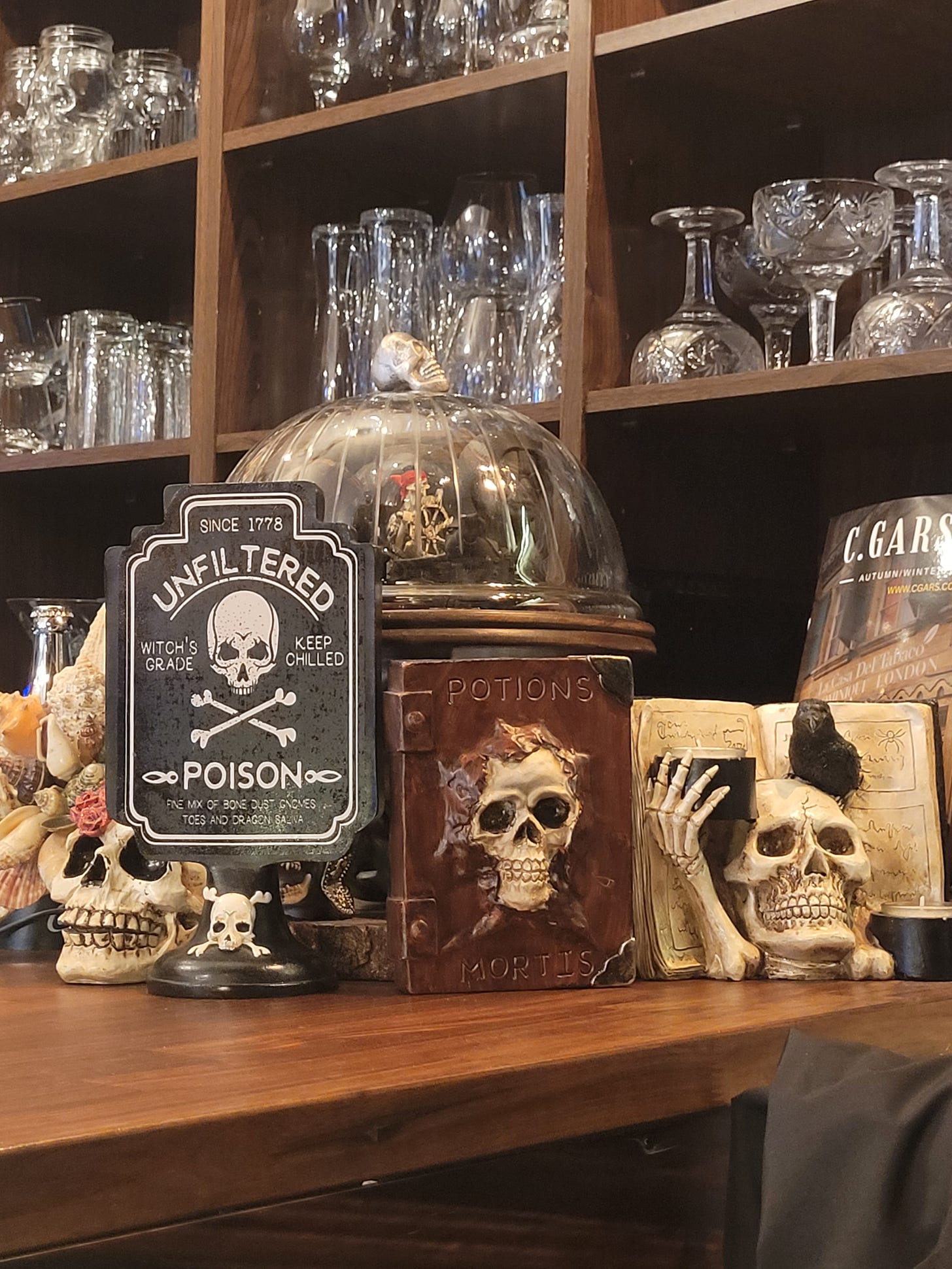 On a bar there is a sign that reads poison, with a picture of a skull and crossbones above it. Around it there are other skull sculptures. It's a vibe. I love this place, but inevitably feel  hungover after going there.