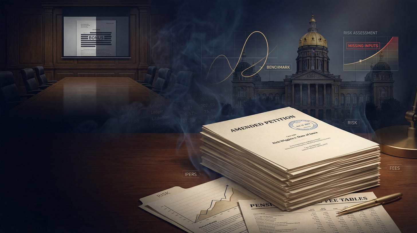 Cover art showing a stack of papers labeled “Amended Petition” on a conference table, with financial charts, fee tables, the Iowa Capitol, and a shadowy boardroom in the background, suggesting hidden risk and pension-system turmoil.