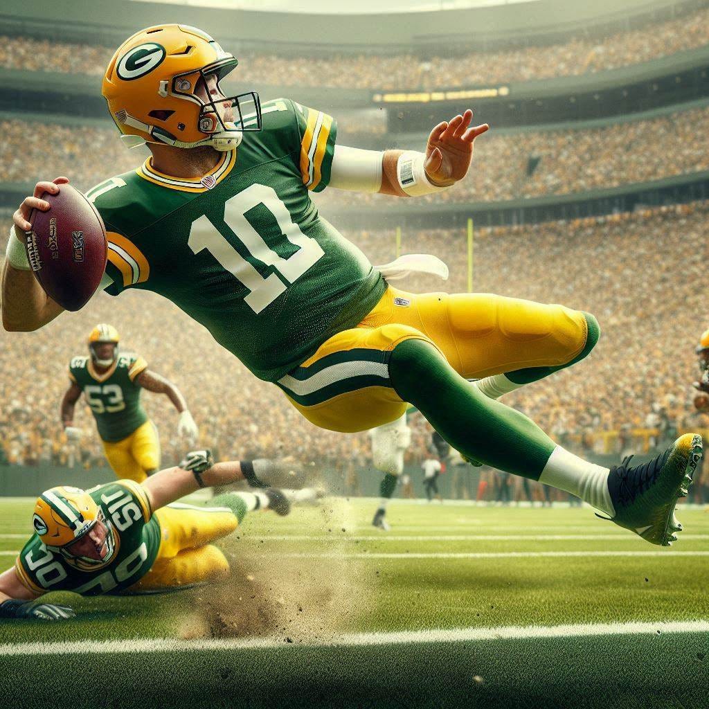 a green bay packers quarterback throwing an interception while falling backwards in the end zone