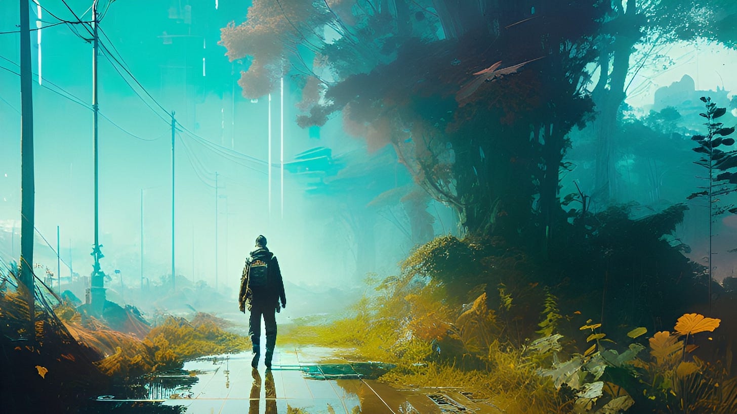A man carrying a backpack walks at night through a park towards a city with skyscrapers. It has bee raining and the path is wet.