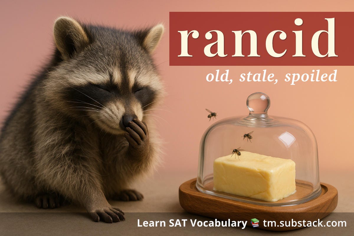 Illustration of a raccoon holding its nose near spoiled butter; used to illustrate the SAT word 'rancid'.