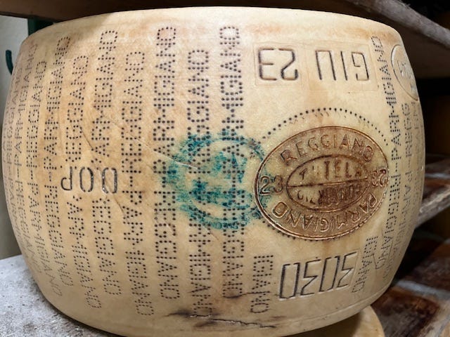Top left: Parmigiano wheel being formed, Aged parmigiano wheel in the cantina, Me in the cantina/nursery for aging the parmigiano for a minimum of 15 months, our tasting platter with 3 aged parmigianos