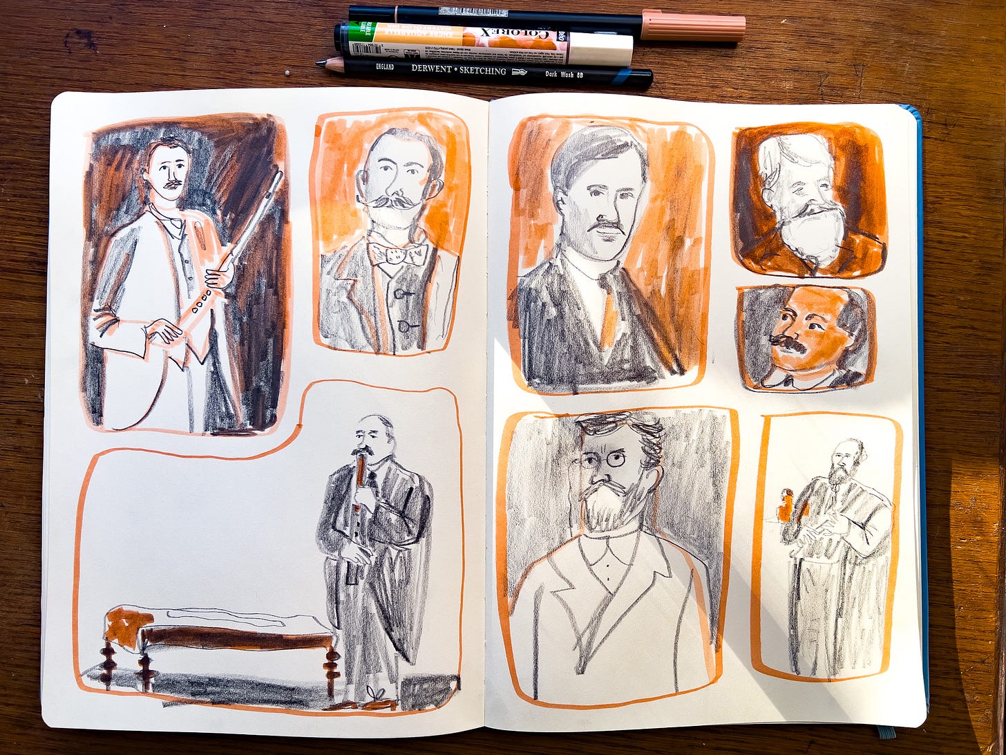 illustrations of 19th century flutists with mustaches by beth spencer