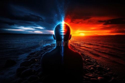 Human Silhouette with Duality of Light and Darkness at Sunset by Ocean. AI generated
