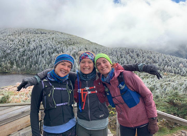 Left photo: Lauren, Clara and Liz smiling at the camera with the Franconia Ridge in the background. It is winter and the mountains are covered with snow. Right photo: Adrienne running away from the camera in the mountains, with beautiful ridge lines and blue skies in the background.