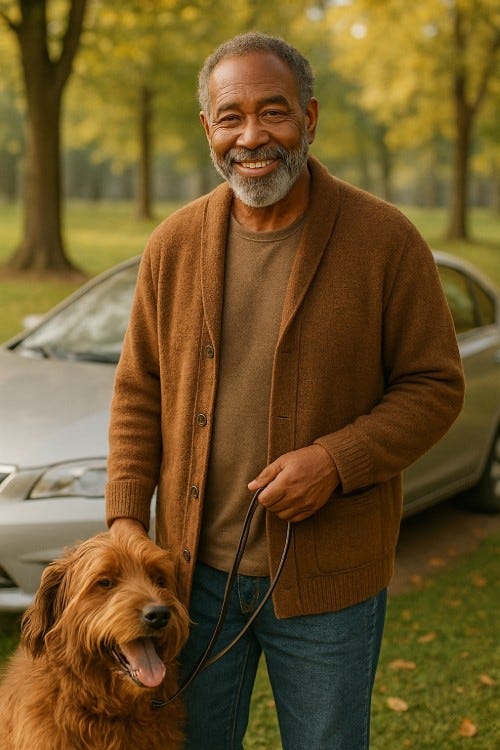 Senior black man holding the leash of a brown fluffy dog