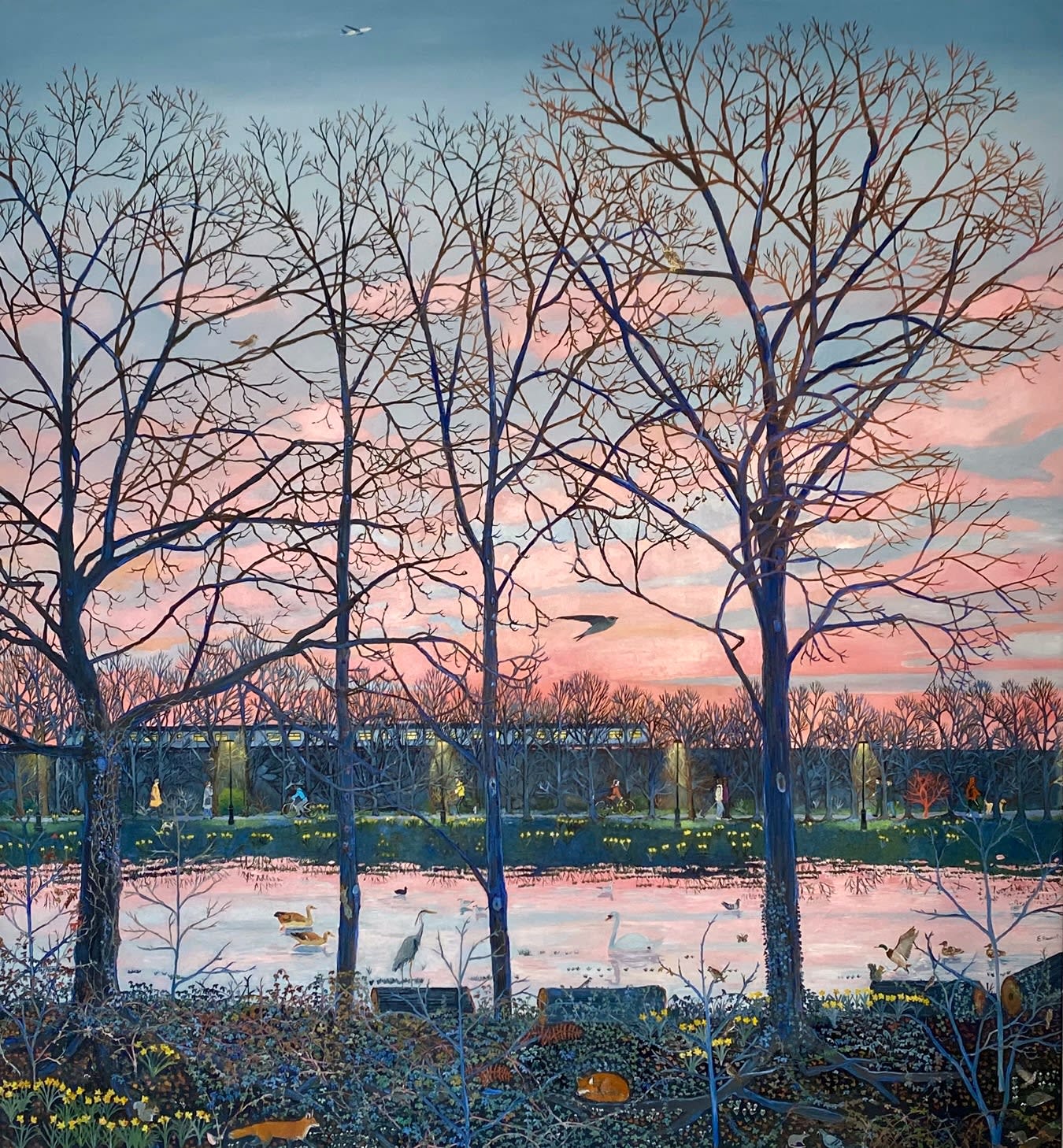 Oil on canvas painting of a sunset over a metropolitan city park with pink and blue detail by British painter Emma Haworth represented by Rebecca Hossack Art Gallery. Oil on canvas painting of a sunset over a metropolitan city park with pink and blue detail by British painter Emma Haworth represented by Rebecca Hossack Art Gallery.