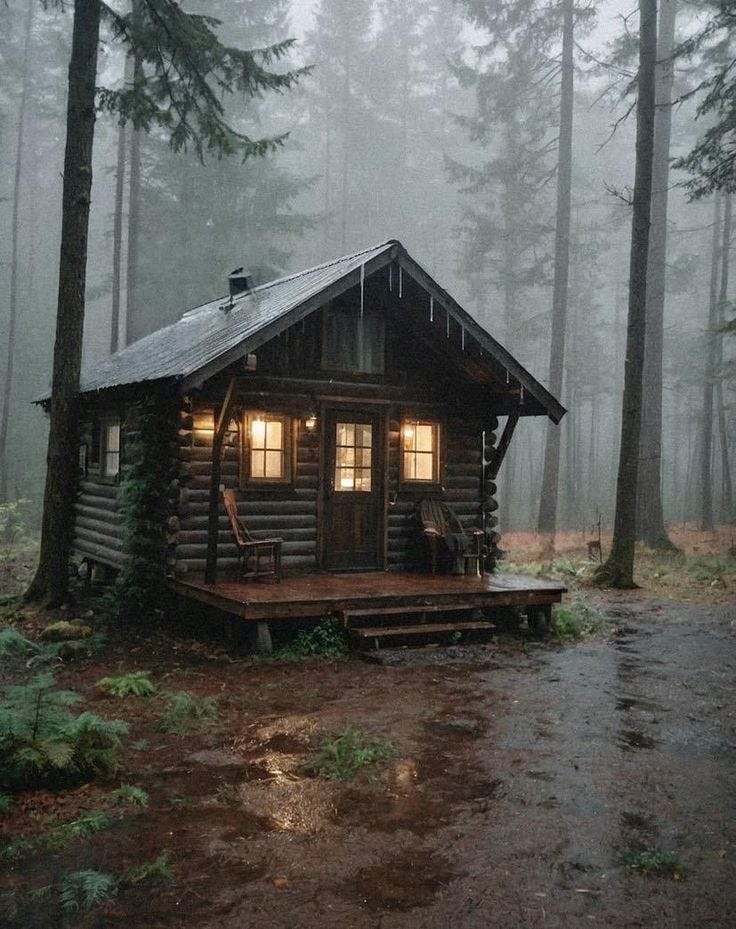 This may contain: a small cabin in the woods on a rainy day with lights shining from the windows