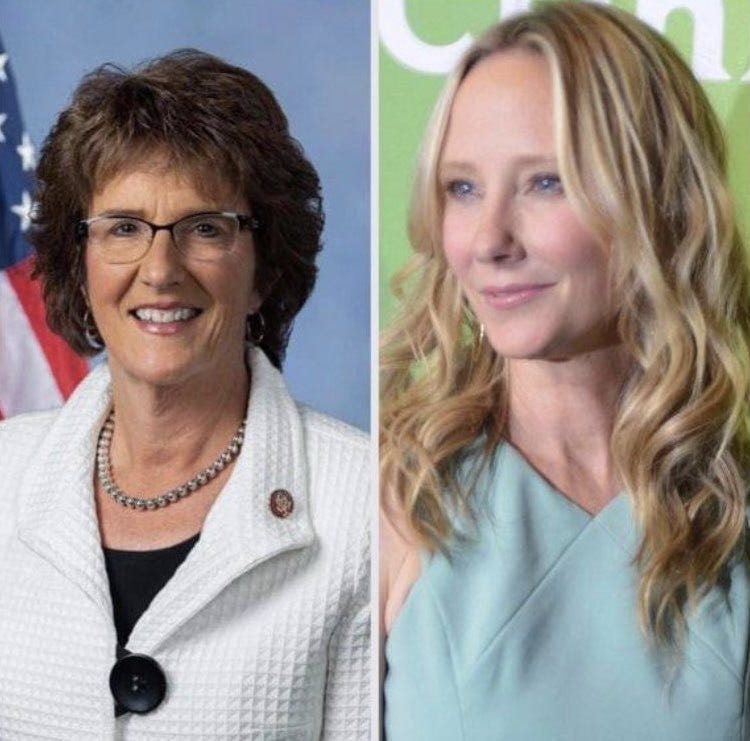 A portrait of two women: one with glasses and a white jacket stands in front of an American flag, the other with long, wavy hair in front of a green background.