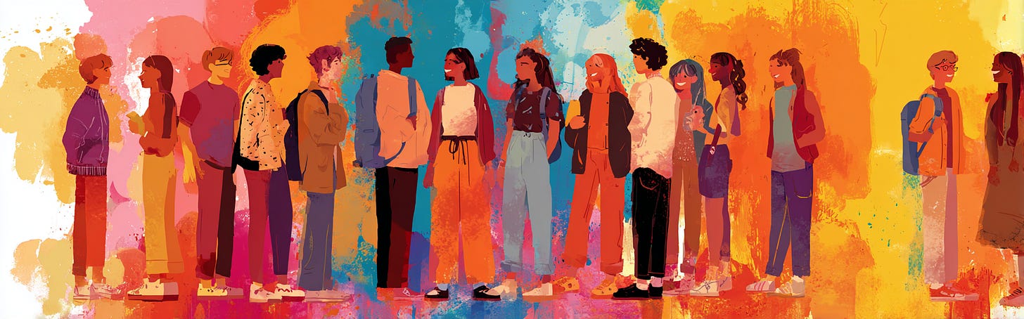 Students chat in small groups across a vivid mural-like background, hinting at many emotions present in a classroom.